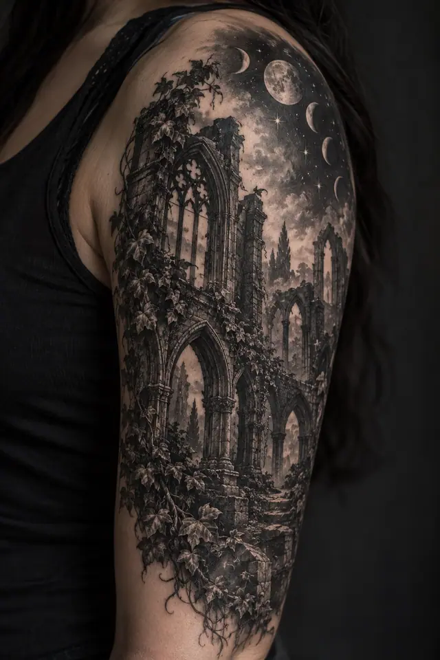 Black and grey gothic cathedral tattoo on the upper arm (half sleeve)
