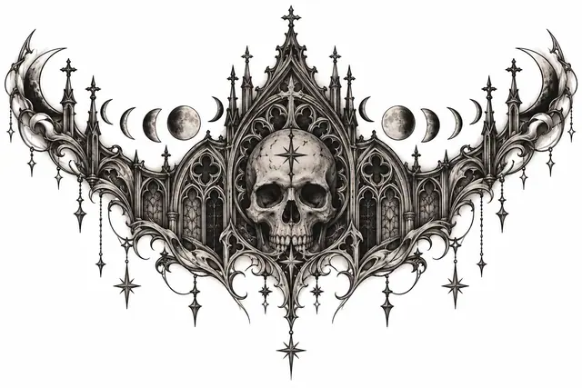 Black and grey gothic cathedral tattoo design for the throat