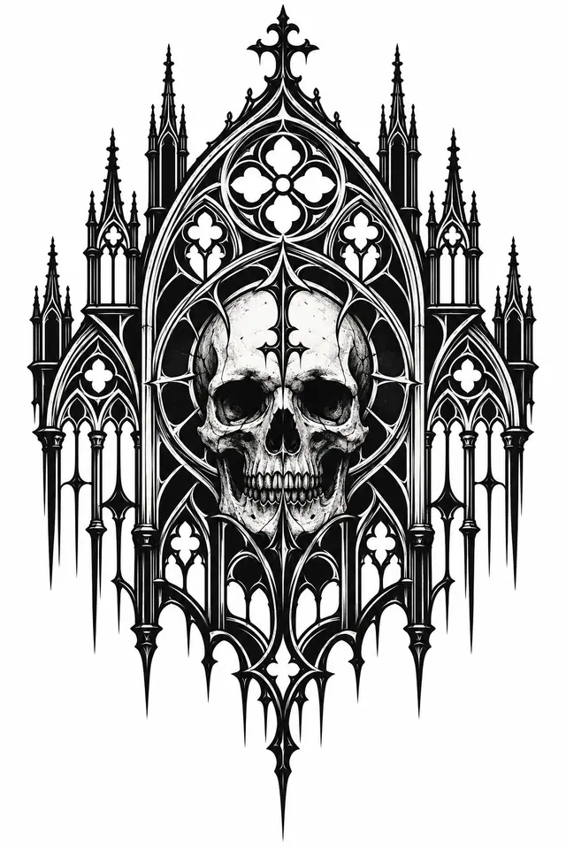 Blackwork gothic cathedral tattoo design for the back