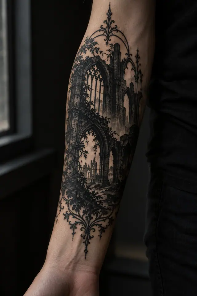 Blackwork gothic cathedral tattoo on the forearm