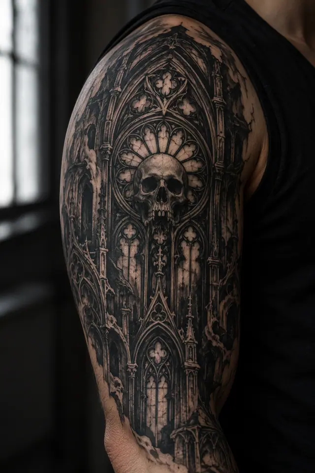 Blackwork gothic cathedral tattoo on the upper arm (half sleeve)