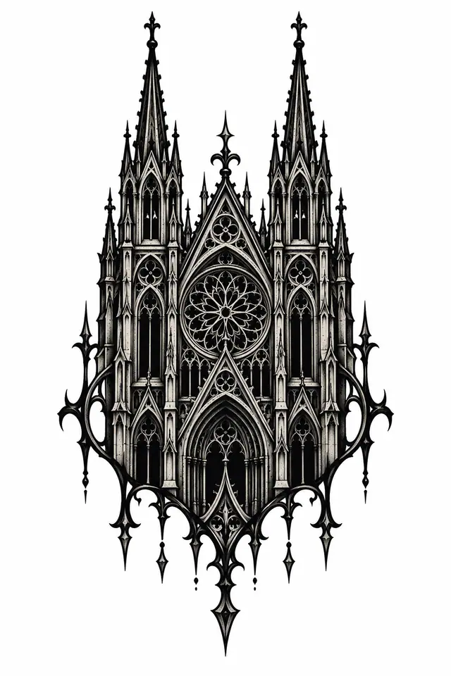 Blackwork gothic cathedral tattoo design for the hand