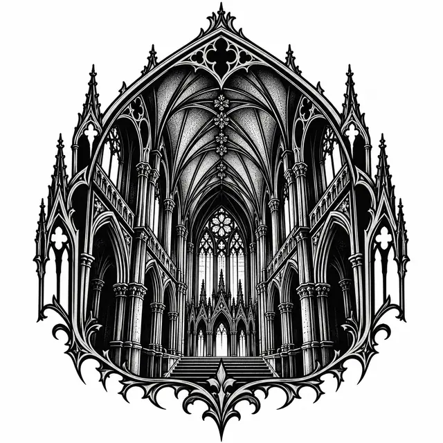 Blackwork gothic cathedral tattoo design for the shoulder