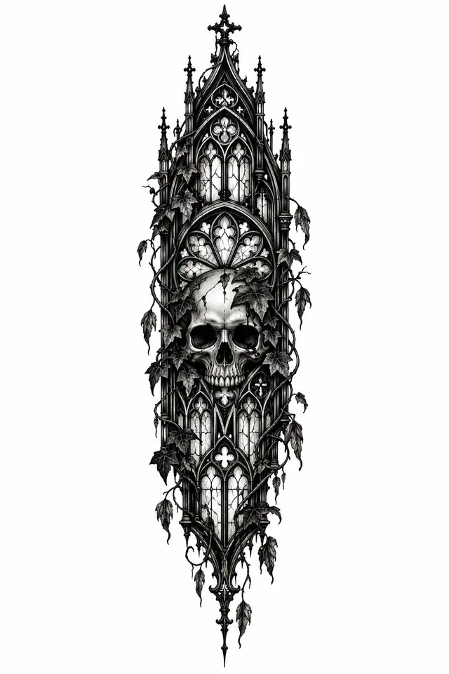 Blackwork gothic cathedral tattoo design for the spine