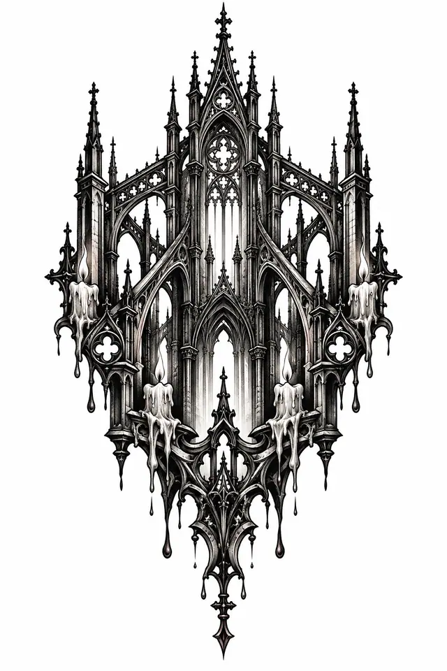 Blackwork gothic cathedral tattoo design for the sternum
