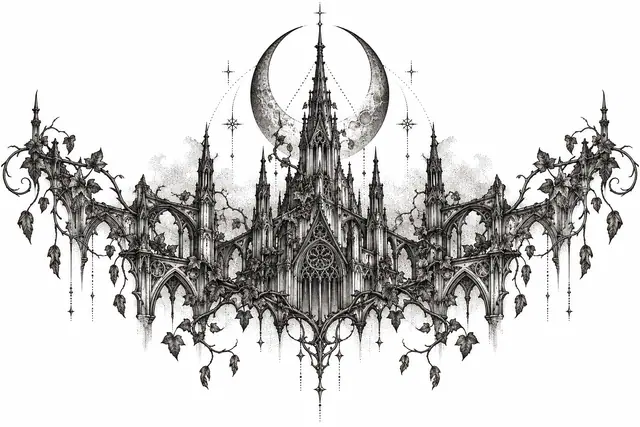 Dotwork gothic cathedral tattoo design for the chest