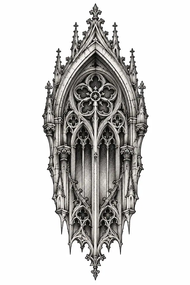 Dotwork gothic cathedral tattoo design for the upper arm (half sleeve)