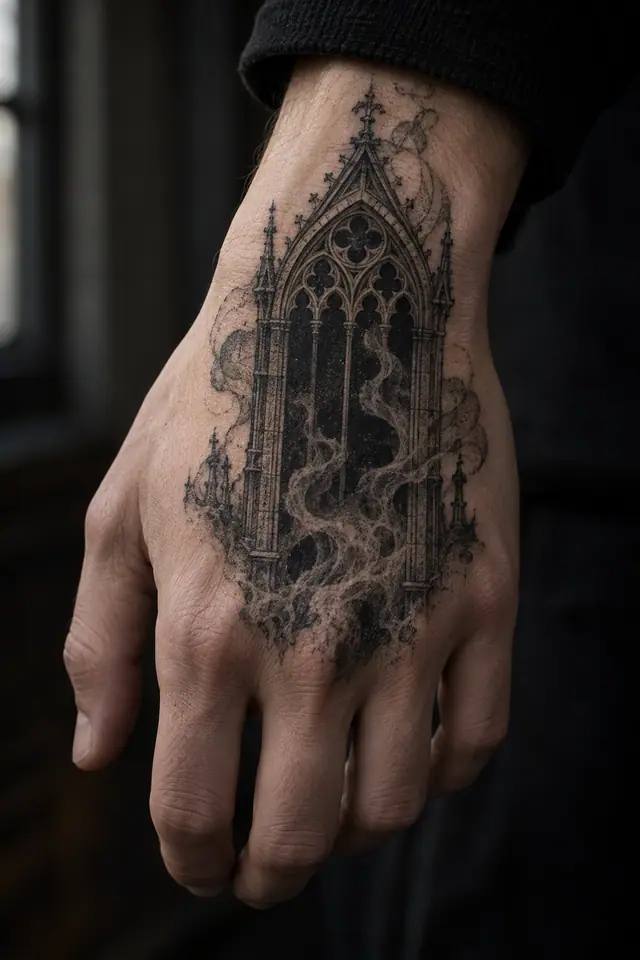 Dotwork gothic cathedral tattoo on the hand