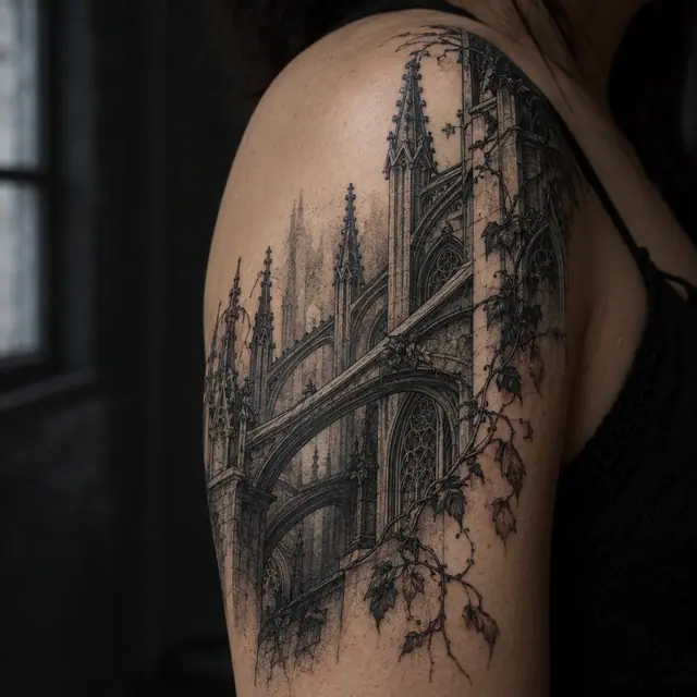 Dotwork gothic cathedral tattoo on the shoulder