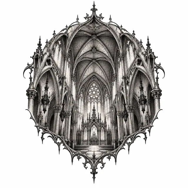 Dotwork gothic cathedral tattoo design for the shoulder