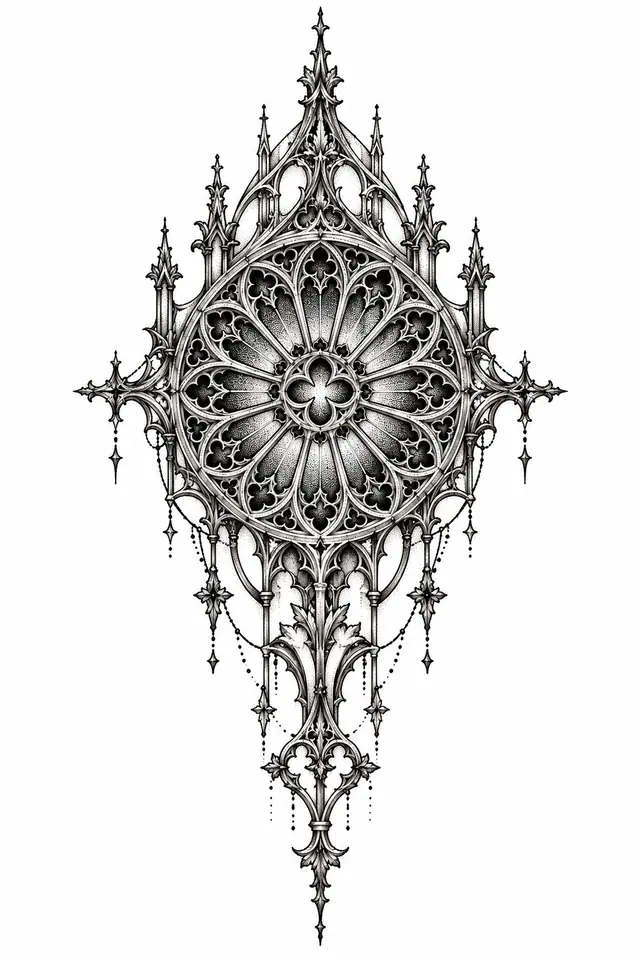 Dotwork gothic cathedral tattoo design for the sternum