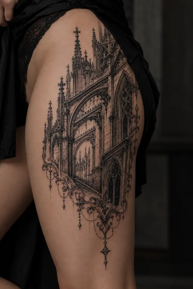Dotwork gothic cathedral tattoo on the thigh