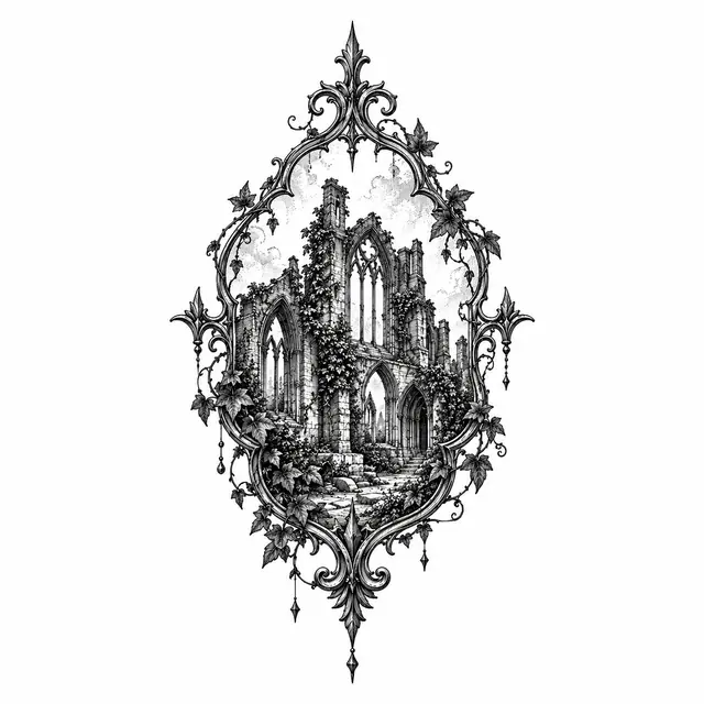 Engraving-style gothic cathedral tattoo design for the ankle