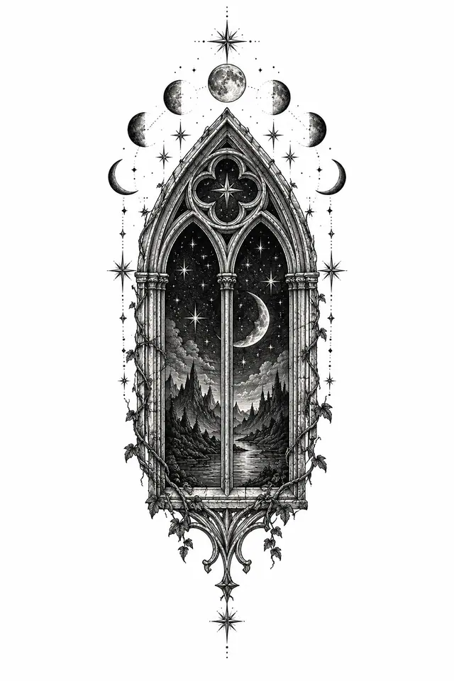 Engraving-style gothic cathedral tattoo design for the hand