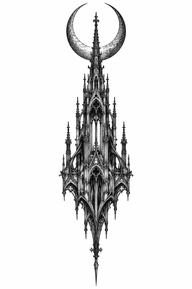 Engraving-style gothic cathedral tattoo design for the sternum