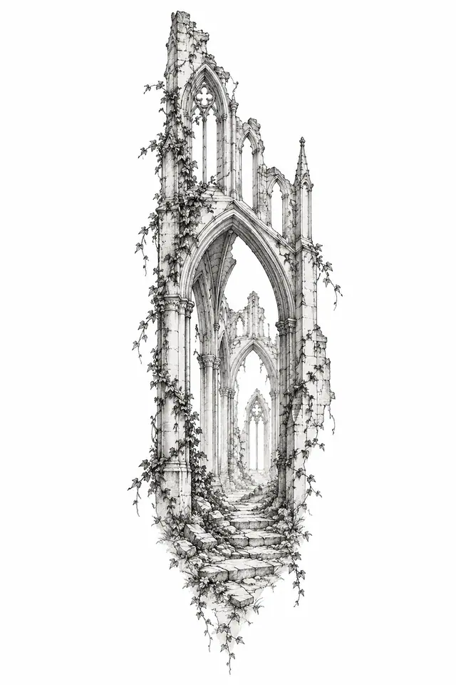 Fine-line gothic cathedral tattoo design for the calf
