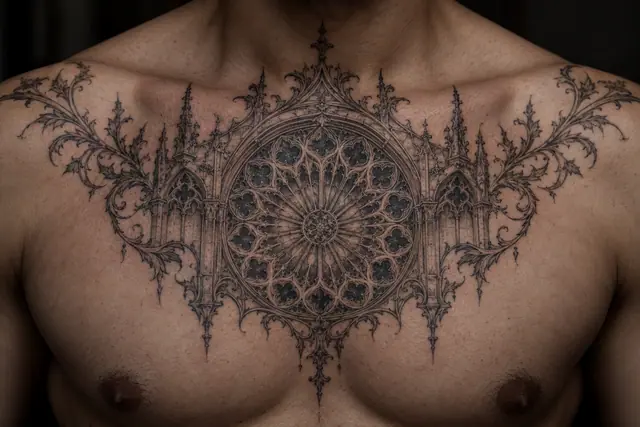 Fine-line gothic cathedral tattoo on the chest