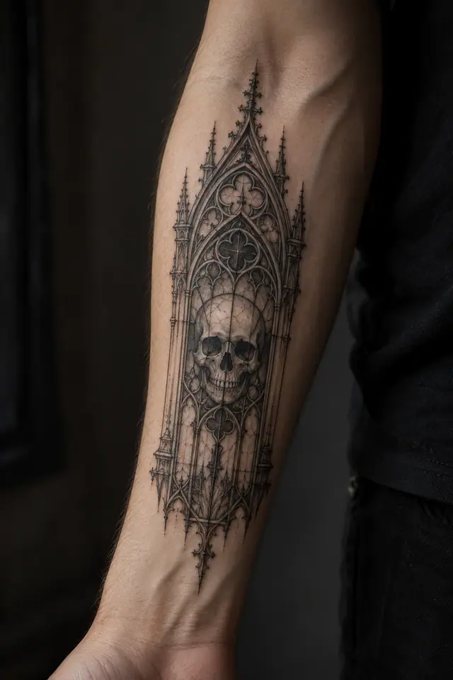Fine-line gothic cathedral tattoo on the forearm