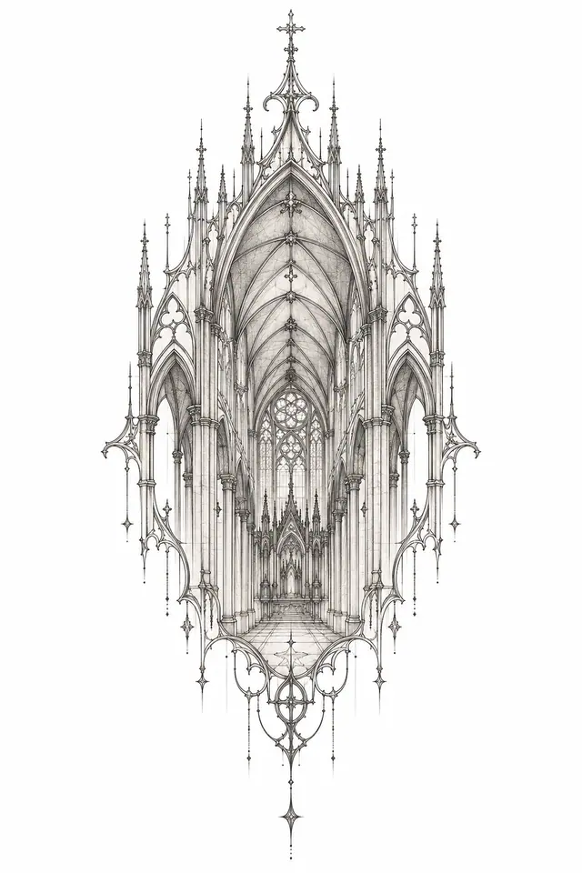 Fine-line gothic cathedral tattoo design for the sternum