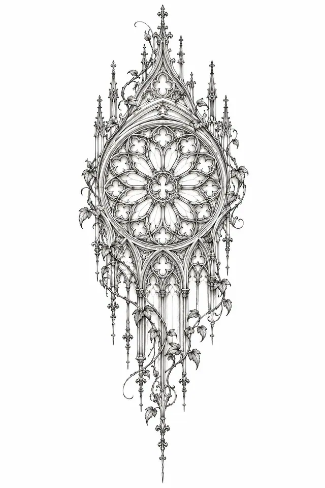 Fine-line gothic cathedral tattoo design for the thigh