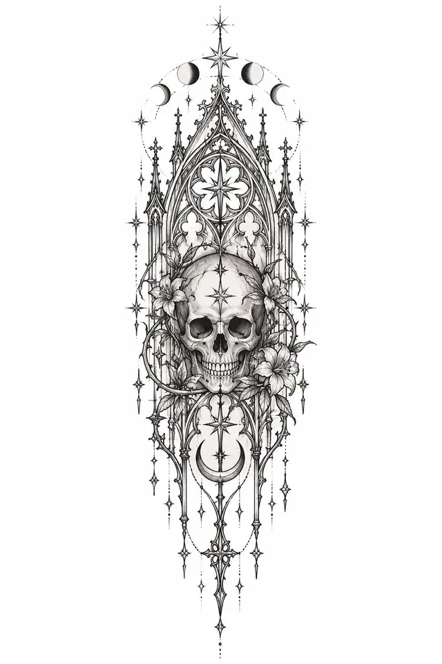 Fine-line gothic cathedral tattoo design for the thigh