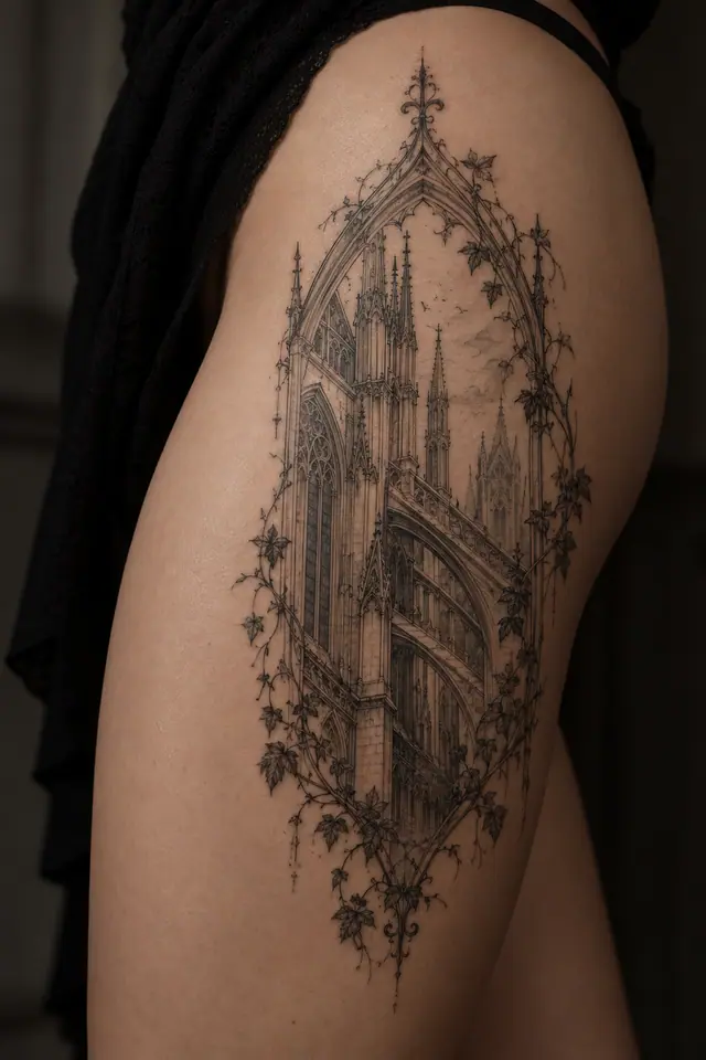 Fine-line gothic cathedral tattoo on the thigh