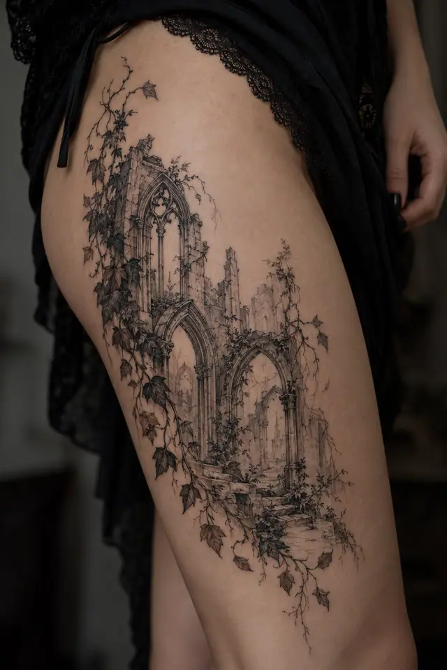 Fine-line gothic cathedral tattoo on the thigh