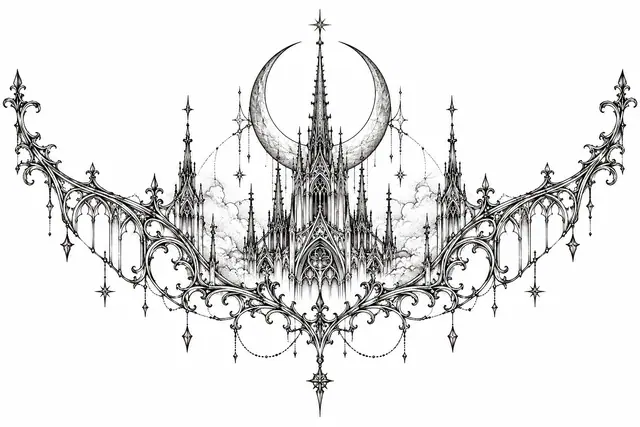 Fine-line gothic cathedral tattoo design for the throat