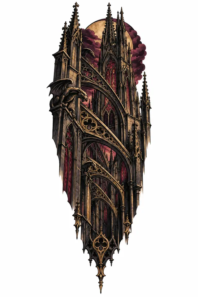 Neo-traditional gothic cathedral tattoo design for the calf