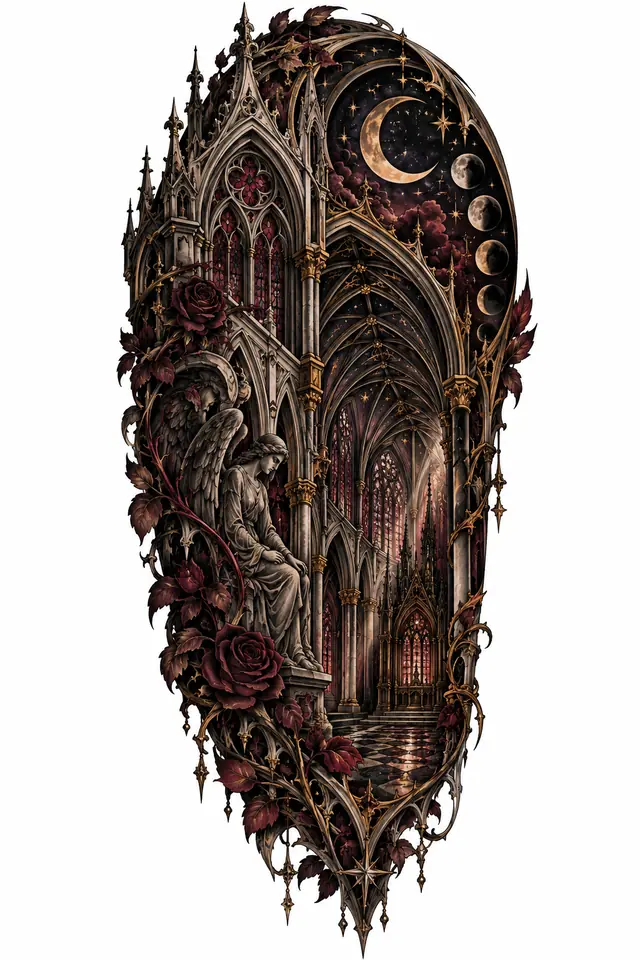 Neo-traditional gothic cathedral tattoo design for the upper arm (half sleeve)