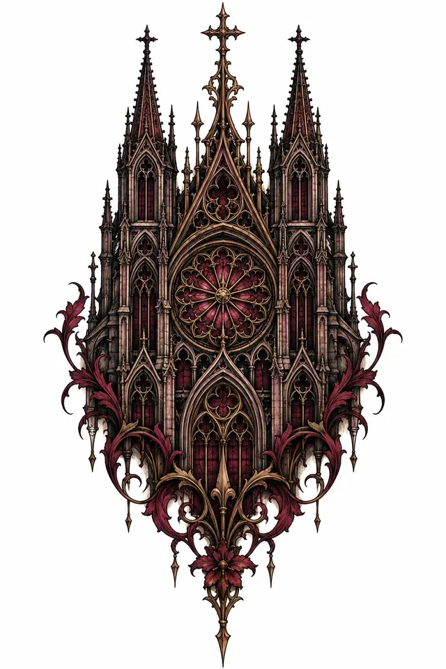 Neo-traditional gothic cathedral tattoo design for the sternum
