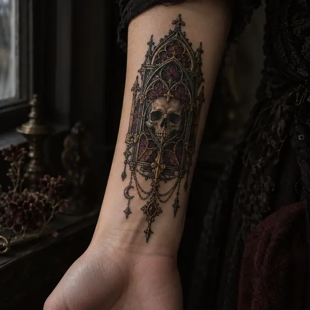 Neo-traditional gothic cathedral tattoo on the wrist