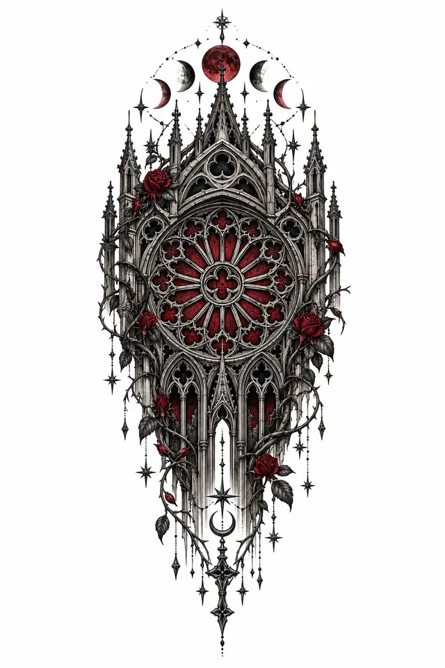 Red and black gothic cathedral tattoo design for the calf