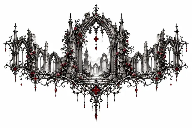 Red and black gothic cathedral tattoo design for the chest