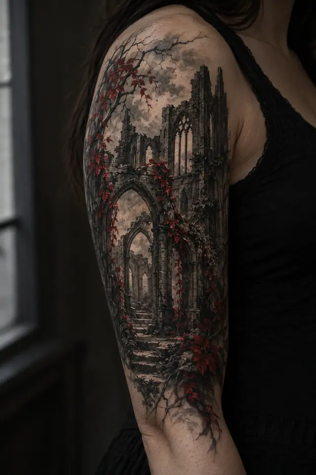 Red and black gothic cathedral tattoo on the upper arm (half sleeve)