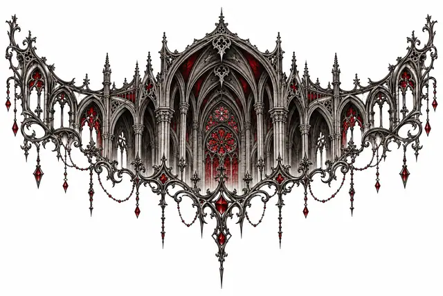 Red and black gothic cathedral tattoo design for the throat