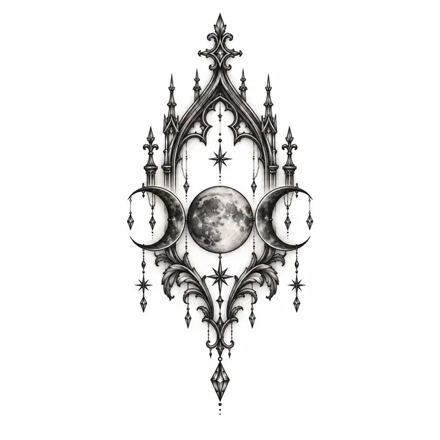 Black and grey gothic moon tattoo design for the ankle