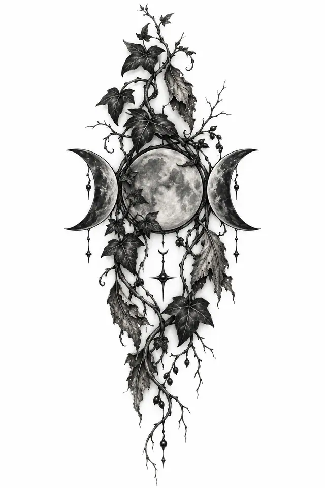 Black and grey gothic moon tattoo design for the forearm