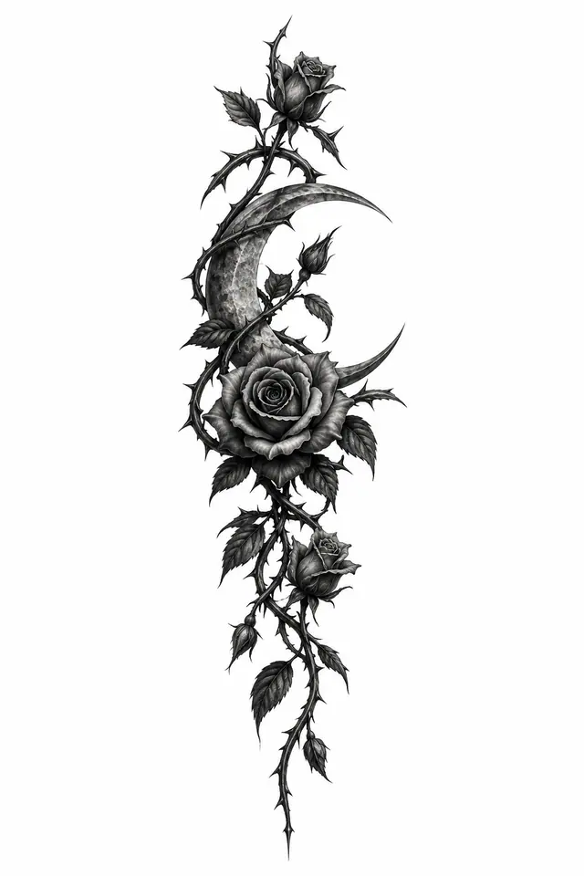Black and grey gothic moon tattoo design for the hand