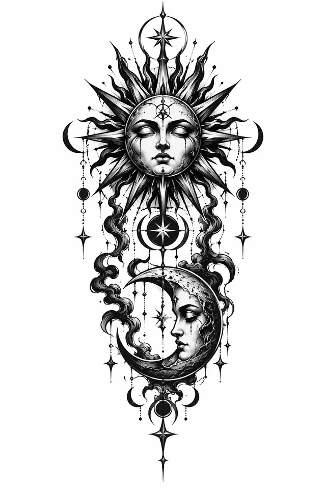 Blackwork gothic moon tattoo design for the calf
