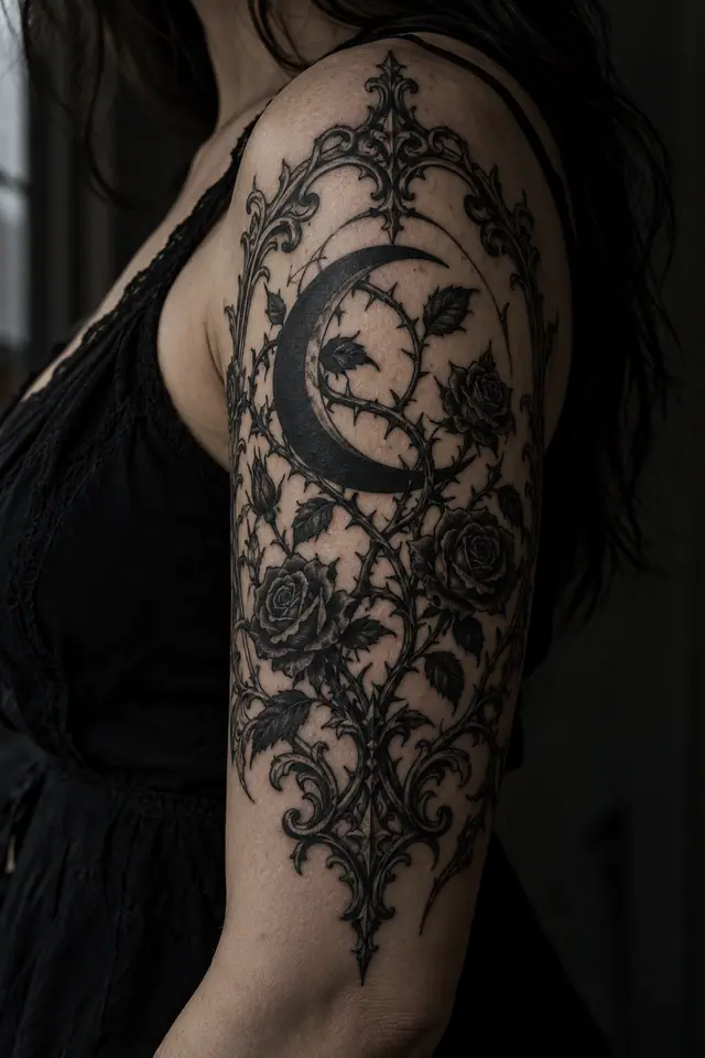 Blackwork gothic moon tattoo on the upper arm (half sleeve)