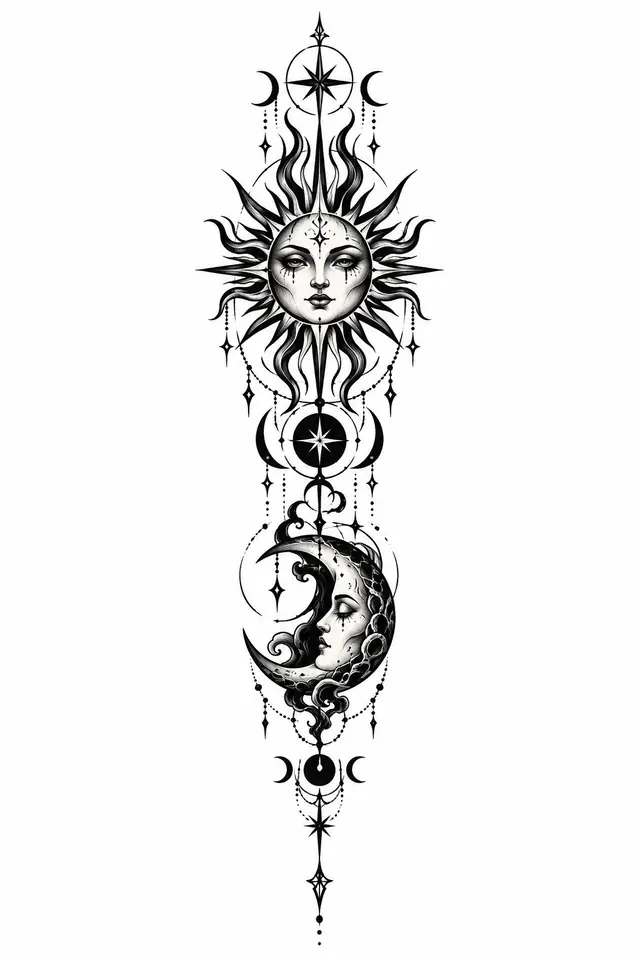 Blackwork gothic moon tattoo design for the spine
