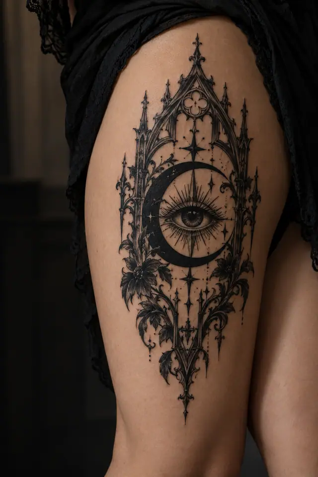 Blackwork gothic moon tattoo on the thigh