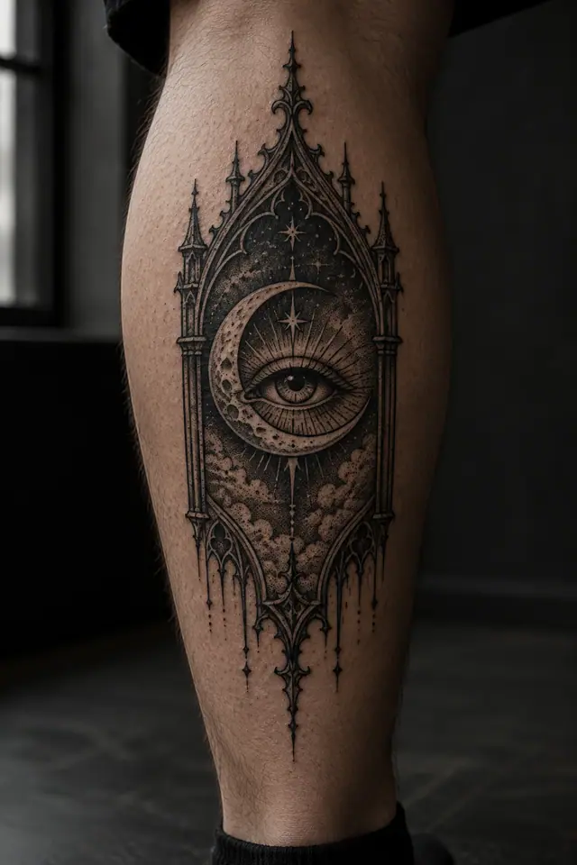 Dotwork gothic moon tattoo on the calf