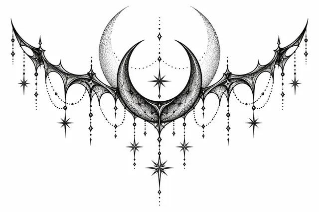 Dotwork gothic moon tattoo design for the throat