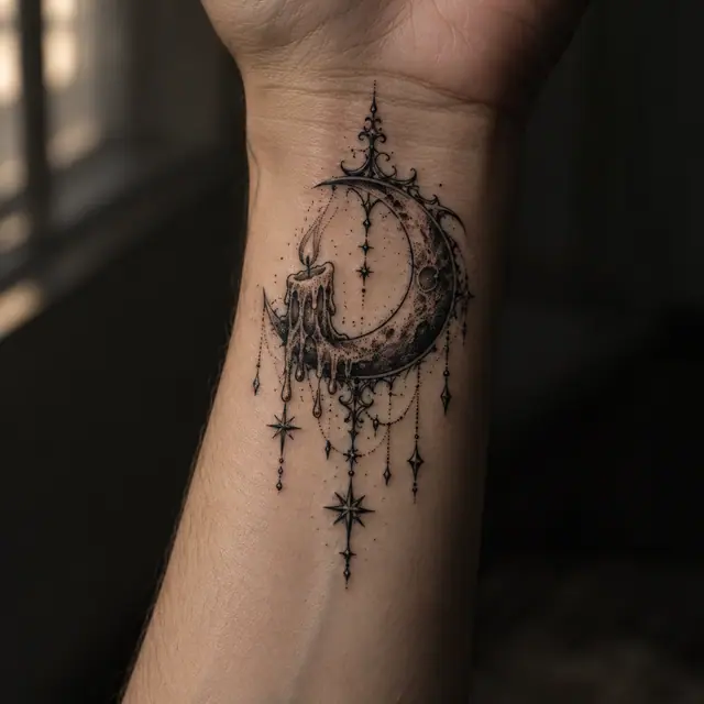 Dotwork gothic moon tattoo on the wrist