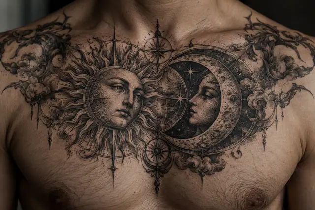 Engraving-style gothic moon tattoo on the chest