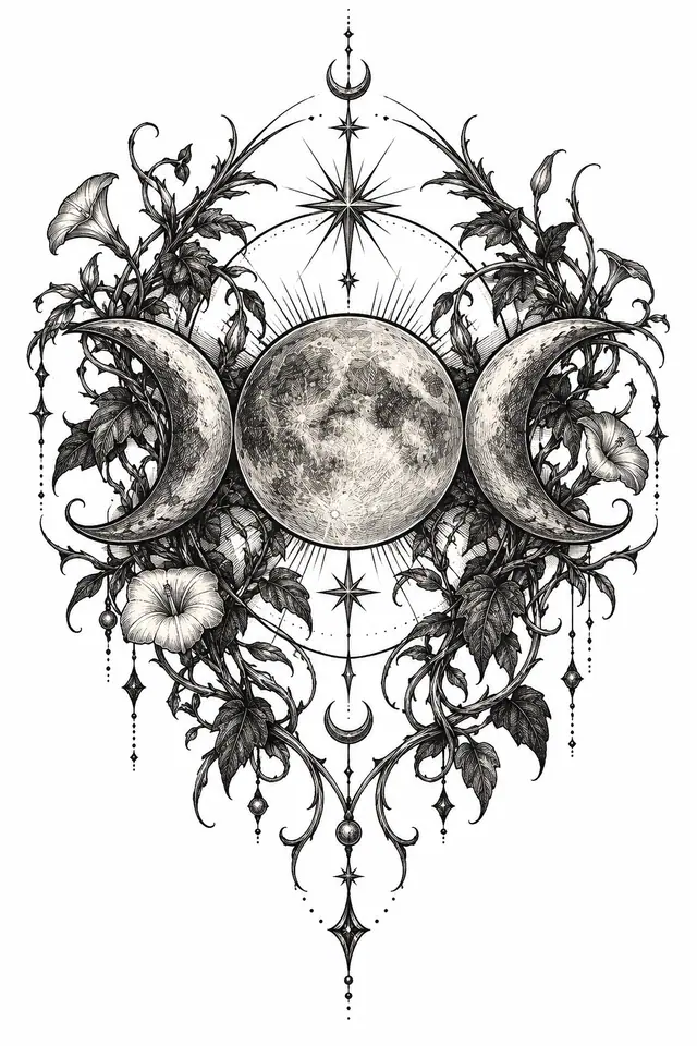 Engraving-style gothic moon tattoo design for the upper arm (half sleeve)