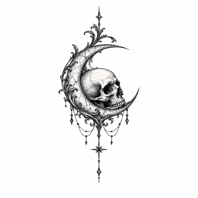 Engraving-style gothic moon tattoo design for the wrist