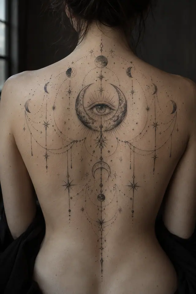 Fine-line gothic moon tattoo on the back